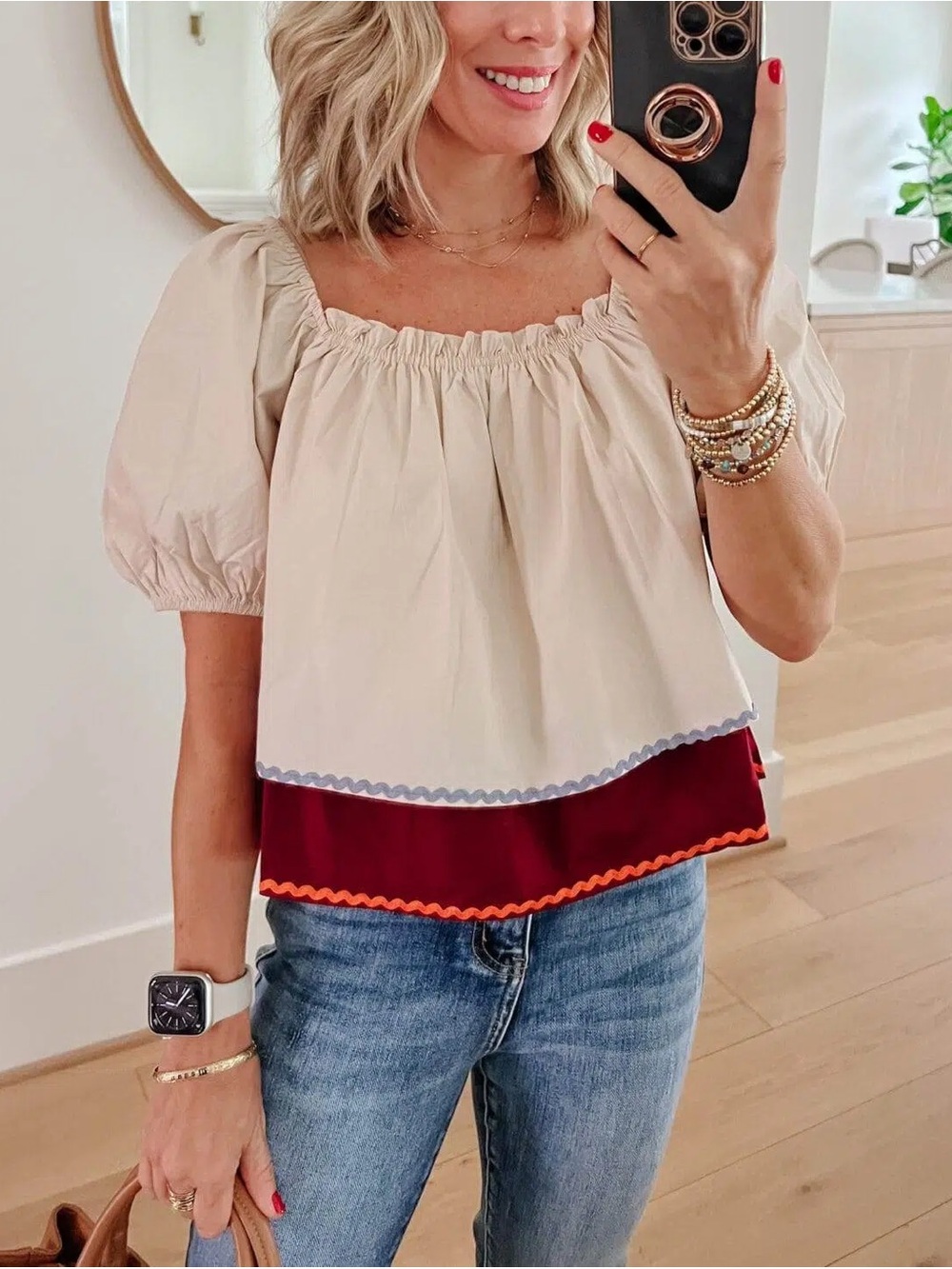 English Factory Cream Puff Sleeve Layered Top with Burgundy Hem